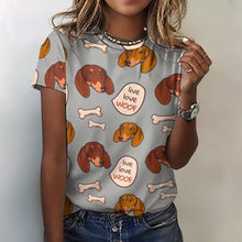 Load image into Gallery viewer, Live Love Woof Dachshunds All Over Print Women&#39;s Cotton T-Shirt - 5 Colors-Apparel-Apparel, Dachshund, Shirt, T Shirt-21