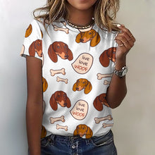 Load image into Gallery viewer, Live Love Woof Dachshunds All Over Print Women&#39;s Cotton T-Shirt-Apparel-Apparel, Dachshund, Shirt, T Shirt-2XS-White-9