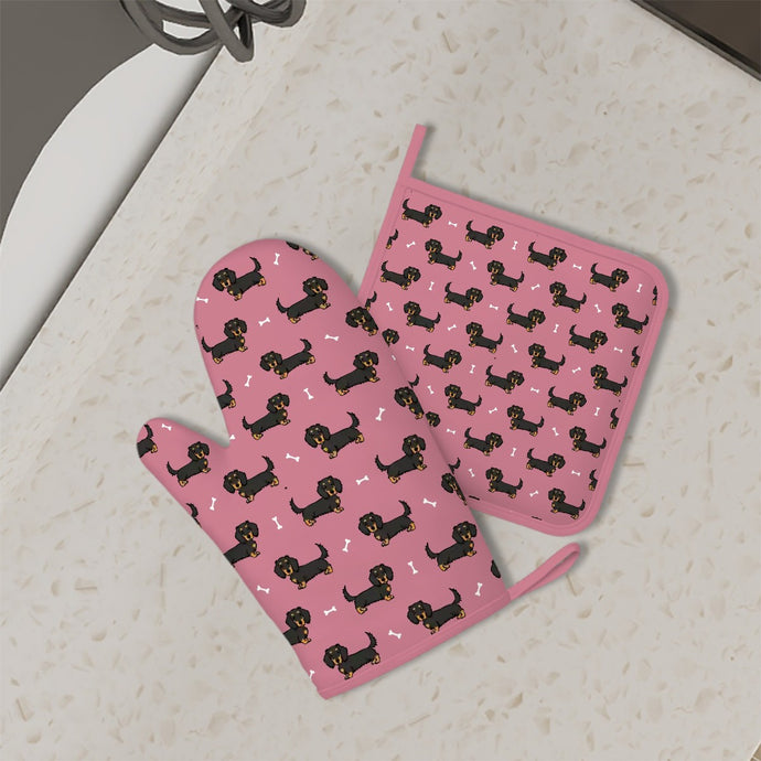 Cutest Long Haired Black Tan Dachshund Oven Mitts and Pot Holders Set-Kitchen Decor-Dachshund-3