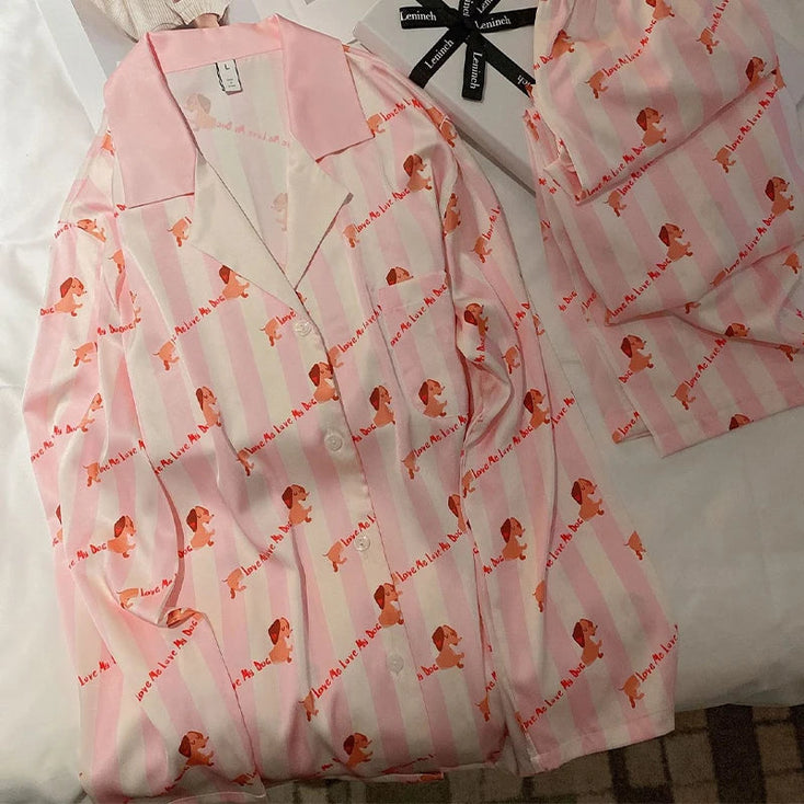 Love Me Love My Dachshund Women's Imitation Silk Pajamas Set-Pajamas-Apparel, Dachshund, Dog Mom Gifts, Pajamas-5