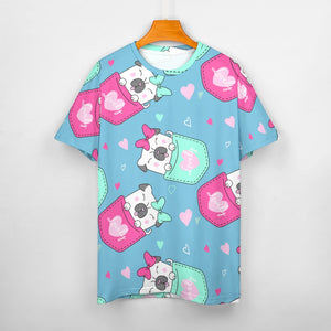 Lovely Pocket Pug Love All Over Print Women's Cotton T-Shirt - 4 Colors-Apparel-Apparel, Pug, Shirt, T Shirt-9