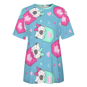 Lovely Pocket Pug Love All Over Print Women's Cotton T-Shirt - 4 Colors-Apparel-Apparel, Pug, Shirt, T Shirt-12