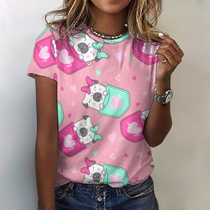 Lovely Pocket Pug Love All Over Print Women's Cotton T-Shirt - 4 Colors-Apparel-Apparel, Pug, Shirt, T Shirt-2XS-LightPink-3