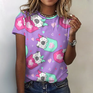 Lovely Pocket Pug Love All Over Print Women's Cotton T-Shirt - 4 Colors-Apparel-Apparel, Pug, Shirt, T Shirt-2XS-Plum-13