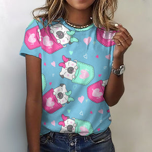 Lovely Pocket Pug Love All Over Print Women's Cotton T-Shirt - 4 Colors-Apparel-Apparel, Pug, Shirt, T Shirt-2XS-SkyBlue-20