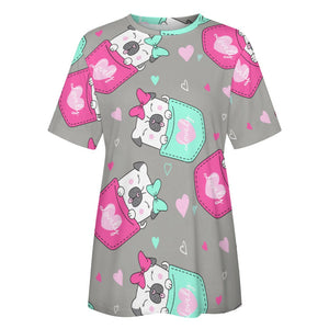 Lovely Pocket Pug Love All Over Print Women's Cotton T-Shirt - 4 Colors-Apparel-Apparel, Pug, Shirt, T Shirt-14