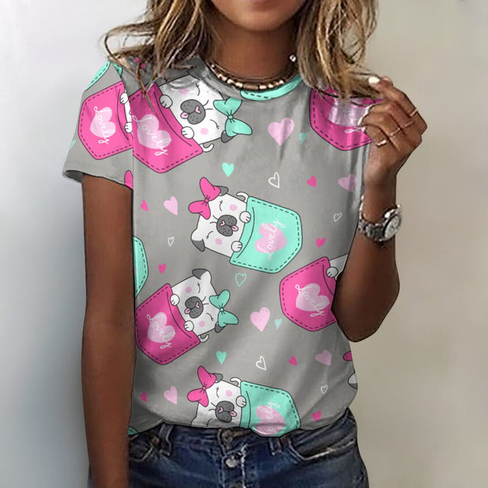 Lovely Pocket Pug Love All Over Print Women's Cotton T-Shirt - 4 Colors-Apparel-Apparel, Pug, Shirt, T Shirt-2XS-DarkGray-1