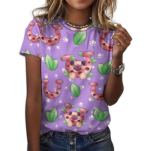 Lucky Pug Love All Over Print Women's Cotton T-Shirt - 4 Colors-Apparel-Apparel, Pug, Shirt, T Shirt-18
