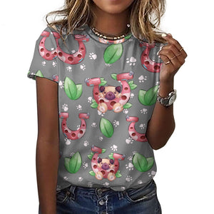 Lucky Pug Love All Over Print Women's Cotton T-Shirt - 4 Colors-Apparel-Apparel, Pug, Shirt, T Shirt-2