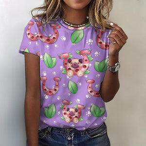 Lucky Pug Love All Over Print Women's Cotton T-Shirt - 4 Colors-Apparel-Apparel, Pug, Shirt, T Shirt-2XS-Orchid-14