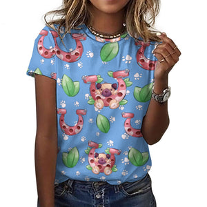 Lucky Pug Love All Over Print Women's Cotton T-Shirt - 4 Colors-Apparel-Apparel, Pug, Shirt, T Shirt-7