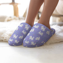 Load image into Gallery viewer, Maltese Slippers for Women - Playful Maltese in a Garden Stroll - Flannel-Accessories,Dog Mom Gifts,Maltese,Slippers-36-37_（5.5-6）-CornflowerBlue-5