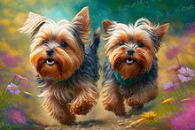 Load image into Gallery viewer, Meadow Merriment Yorkies Wall Art Poster-Art-Dog Art, Home Decor, Poster, Yorkshire Terrier-Light Canvas-Tiny - 8x10&quot;-1