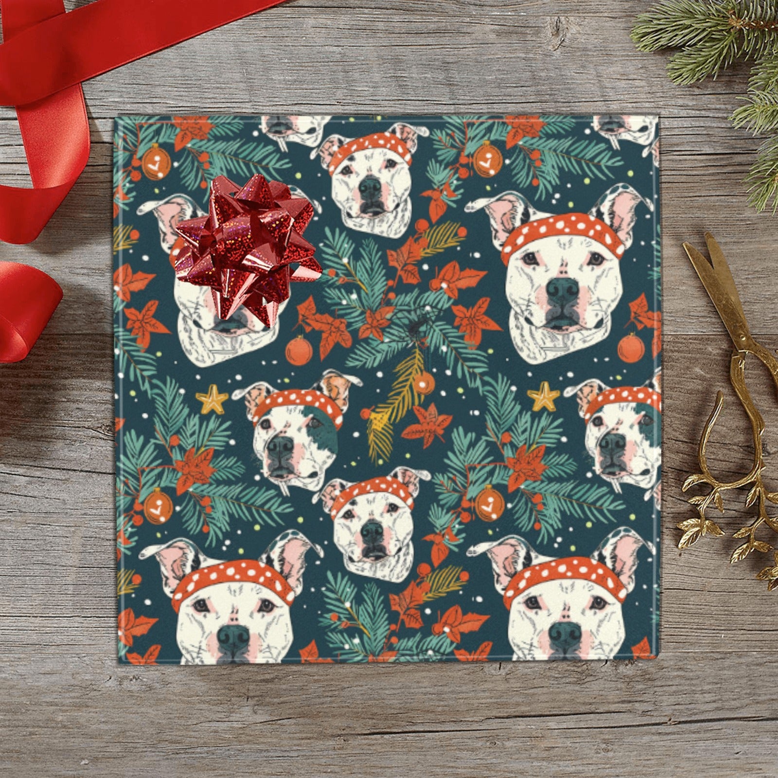 Merry And Bright White Pit Bull Christmas Gift Wrapping Paper 2 Rolls