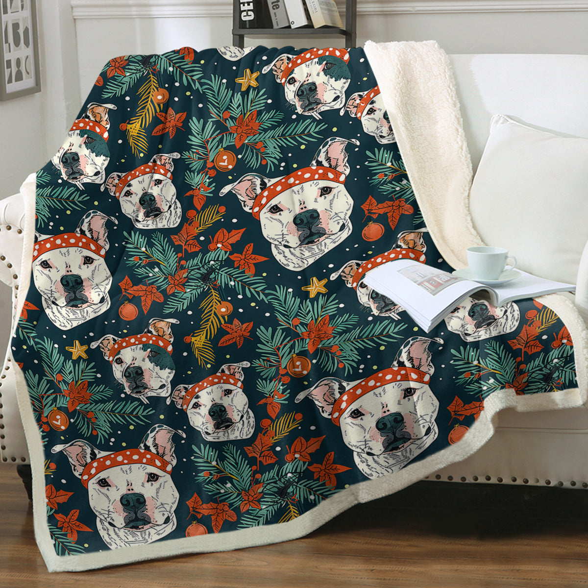 Merry And Bright White Pit Bull Soft Warm Christmas Blanket