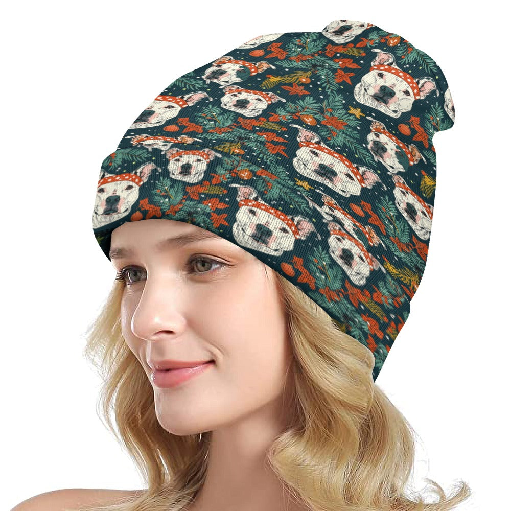 Merry And Bright White Pit Bull Warm Christmas Beanie One Size