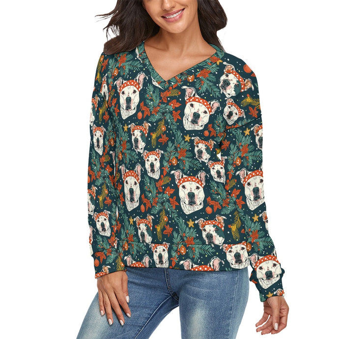 Merry and Bright White Pit Bull Women's V-Neck Christmas Sweater-Apparel-Apparel,Christmas,Dog Mom Gifts,Pit Bull,Sweater,Sweatshirt-2