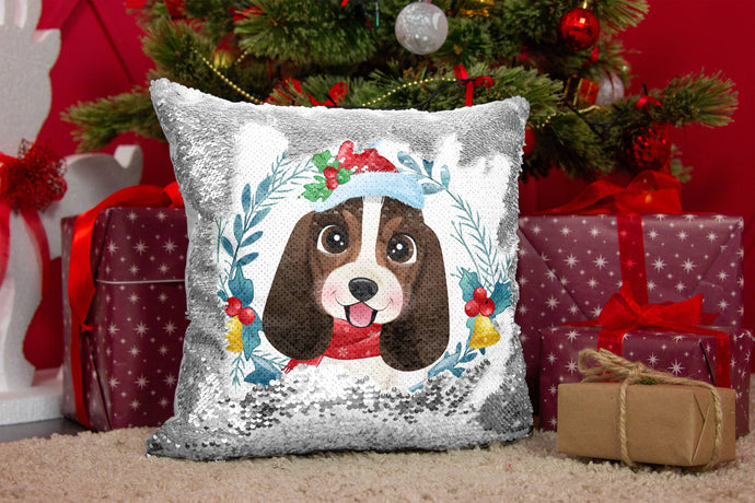 Merry Basset Hound Christmas Sequinned Pillowcases - 10 Colors-Home Decor-Basset Hound, Christmas, Home Decor, Pillows-Silver-Only Pillowcase-1