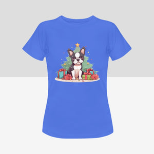 Merry Boston Terrier Christmas Women's Cotton T-Shirts-Apparel-Apparel, Boston Terrier, Shirt, T Shirt-Blue-Small-4