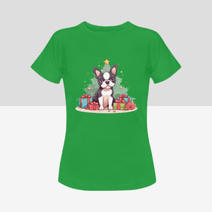 Merry Boston Terrier Christmas Women's Cotton T-Shirts-Apparel-Apparel, Boston Terrier, Shirt, T Shirt-Green-Small-5