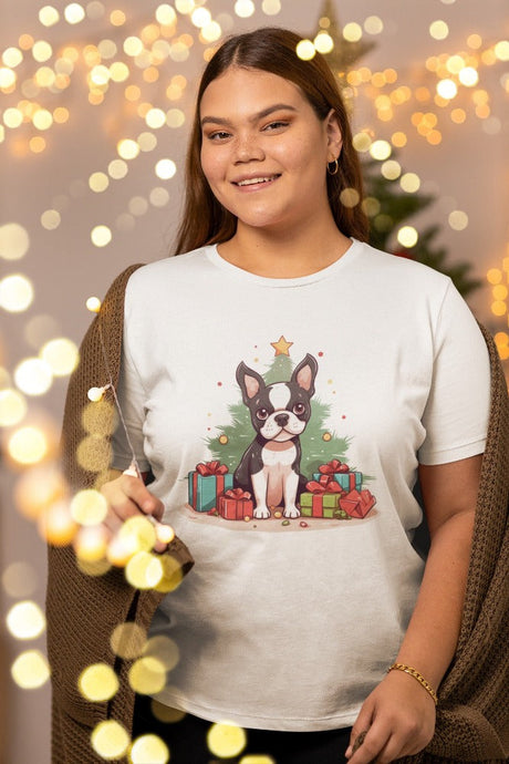 Merry Boston Terrier Christmas Women's Cotton T-Shirts-Apparel-Apparel, Boston Terrier, Shirt, T Shirt-White-Small-1