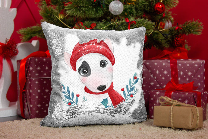 Merry Bull Terrier Christmas Sequinned Pillowcases - 10 Colors-Home Decor-Bull Terrier, Christmas, Home Decor, Pillows-Silver-Only Pillowcase-1