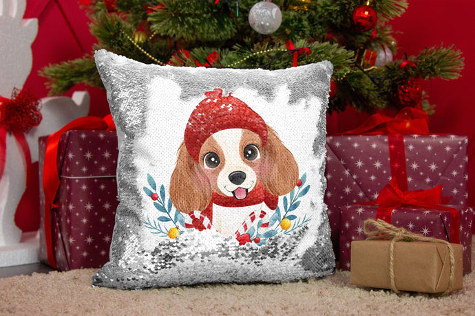 Merry Cavalier King Charles Spaniel Christmas Sequinned Pillowcases - 10 Colors-Home Decor-Cavalier King Charles Spaniel, Christmas, Home Decor, Pillows-Silver-Only Pillowcase-1