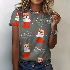 Merry Christmas and Happy New Year Corgis All Over Print Women's Cotton T-Shirt - 4 Colors-Apparel-Apparel, Christmas, Corgi, Shirt, T Shirt-17