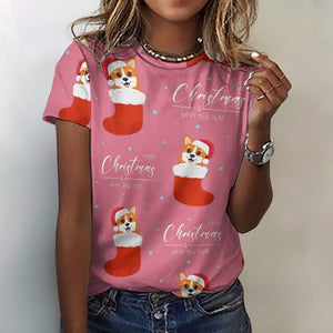 Merry Christmas and Happy New Year Corgis All Over Print Women's Cotton T-Shirt - 4 Colors-Apparel-Apparel, Christmas, Corgi, Shirt, T Shirt-Pink-2XS-2