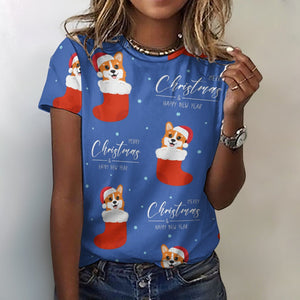 Merry Christmas and Happy New Year Corgis All Over Print Women's Cotton T-Shirt - 4 Colors-Apparel-Apparel, Christmas, Corgi, Shirt, T Shirt-Blue-2XS-3