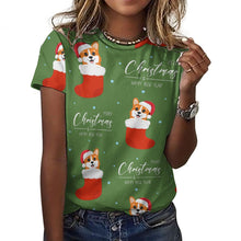 Load image into Gallery viewer, Merry Christmas and Happy New Year Corgis All Over Print Women&#39;s Cotton T-Shirt - 4 Colors-Apparel-Apparel, Christmas, Corgi, Shirt, T Shirt-Green-2XS-1