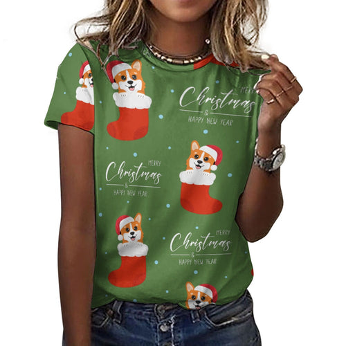 Merry Christmas and Happy New Year Corgis All Over Print Women's Cotton T-Shirt - 4 Colors-Apparel-Apparel, Christmas, Corgi, Shirt, T Shirt-Green-2XS-1