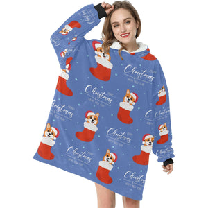 Merry Christmas and Happy New Year Corgis Blanket Hoodie for Women - 4 Colors-Blanket-Apparel, Blankets, Corgi, Hoodie-Royal Blue-3