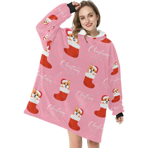 Merry Christmas and Happy New Year Corgis Blanket Hoodie for Women - 4 Colors-Blanket-Apparel, Blankets, Corgi, Hoodie-Light Pink-5
