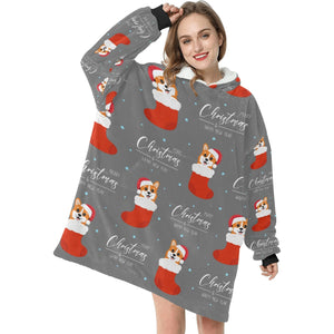 Merry Christmas and Happy New Year Corgis Blanket Hoodie for Women - 4 Colors-Blanket-Apparel, Blankets, Corgi, Hoodie-Grey-7