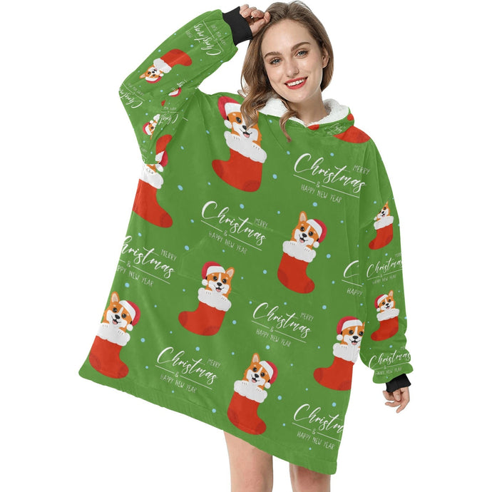 Merry Christmas and Happy New Year Corgis Blanket Hoodie for Women - 4 Colors-Blanket-Apparel, Blankets, Corgi, Hoodie-Green-1