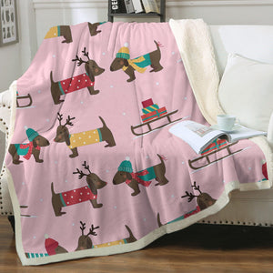 Merry Christmas Chocolate Dachshunds Soft Warm Fleece Blanket - 4 Colors-Blanket-Blankets, Dachshund, Home Decor-Soft Pink-Small-2