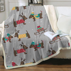 Merry Christmas Chocolate Dachshunds Soft Warm Fleece Blanket - 4 Colors-Blanket-Blankets, Dachshund, Home Decor-Warm Gray-Small-3