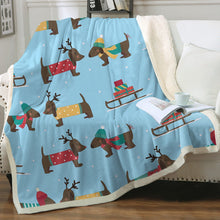Load image into Gallery viewer, Merry Christmas Chocolate Dachshunds Soft Warm Fleece Blanket - 4 Colors-Blanket-Blankets, Dachshund, Home Decor-Sky Blue-Small-4