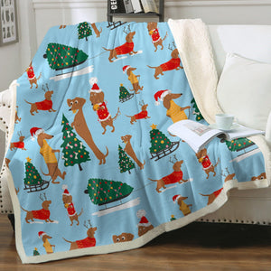 Merry Christmas Dachshunds Love Soft Warm Fleece Blanket - 4 Colors-Blanket-Blankets, Dachshund, Home Decor-Sky Blue-Small-3