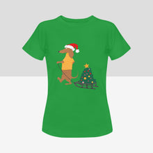 Load image into Gallery viewer, Merry Christmas Dachshunds Women&#39;s Cotton T-Shirts - 3 Designs - 5 Colors-Apparel-Apparel, Christmas, Dachshund, Shirt, T Shirt-With Christmas Tree on Sled-Green-Small-10