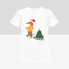 Load image into Gallery viewer, Merry Christmas Dachshunds Women&#39;s Cotton T-Shirts - 3 Designs - 5 Colors-Apparel-Apparel, Christmas, Dachshund, Shirt, T Shirt-With Christmas Tree on Sled-White-Small-11
