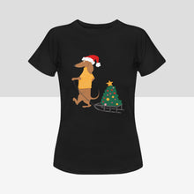Load image into Gallery viewer, Merry Christmas Dachshunds Women&#39;s Cotton T-Shirts - 3 Designs - 5 Colors-Apparel-Apparel, Christmas, Dachshund, Shirt, T Shirt-With Christmas Tree on Sled-Black-Small-13