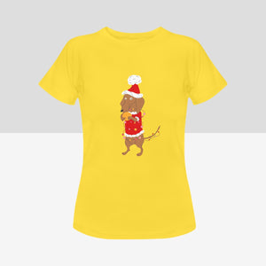 Merry Christmas Dachshunds Women's Cotton T-Shirts - 3 Designs - 5 Colors-Apparel-Apparel, Christmas, Dachshund, Shirt, T Shirt-With Santa Suit and Snowball-Yellow-Small-14