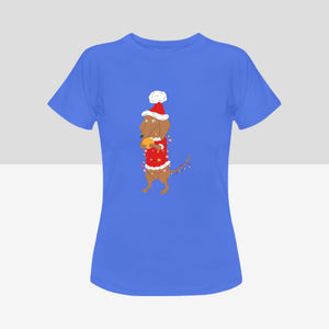 Merry Christmas Dachshunds Women's Cotton T-Shirts - 3 Designs - 5 Colors-Apparel-Apparel, Christmas, Dachshund, Shirt, T Shirt-With Santa Suit and Snowball-Blue-Small-17