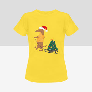 Merry Christmas Dachshunds Women's Cotton T-Shirts - 3 Designs - 5 Colors-Apparel-Apparel, Christmas, Dachshund, Shirt, T Shirt-With Christmas Tree on Sled-Yellow-Small-9