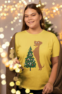 Merry Christmas Dachshunds Women's Cotton T-Shirts - 3 Designs - 5 Colors-Apparel-Apparel, Christmas, Dachshund, Shirt, T Shirt-Decorating Christmas Tree-Yellow-Small-1