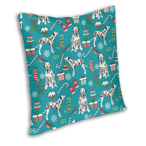 Image of a Dalmatian Christmas Cushion Cover in Merry Christmas Dalmatian and Christmas ornaments design