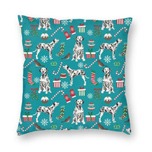 Load image into Gallery viewer, Image of a Dalmatian Cushion Cover in Merry Christmas Dalmatian and Christmas ornaments design