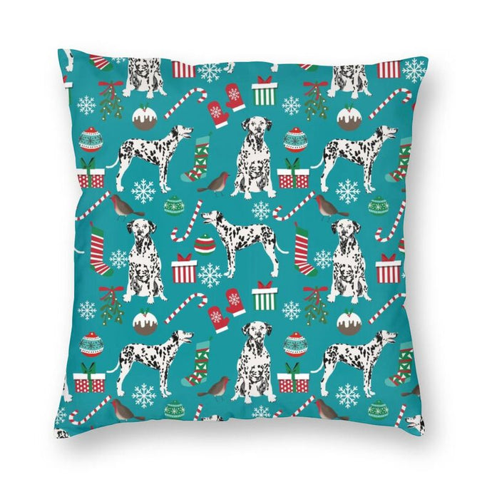 Image of a Dalmatian Cushion Cover in Merry Christmas Dalmatian and Christmas ornaments design